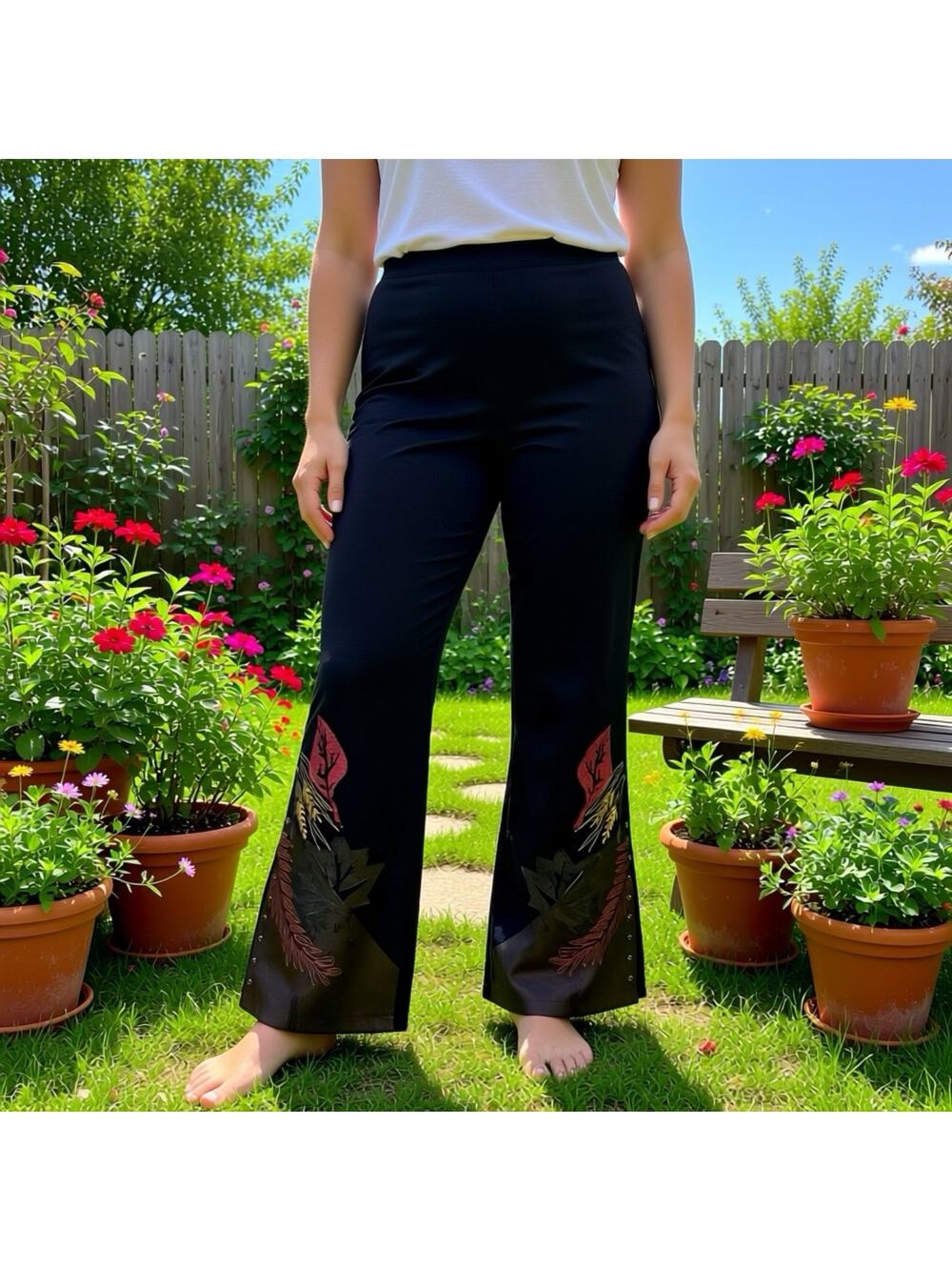 Haven Bleu Pants Women L Black Boho Wide Leg Pants Patchworks Embroidered Retro